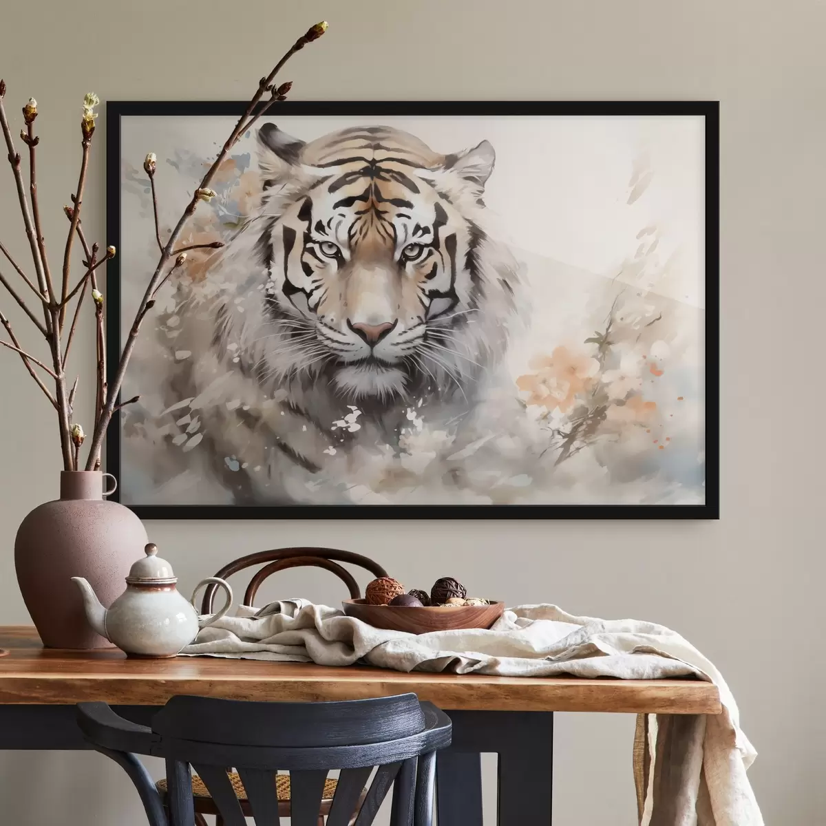 Poster Abstraktes Porträt eines Tigers zwischen Flecken f42421