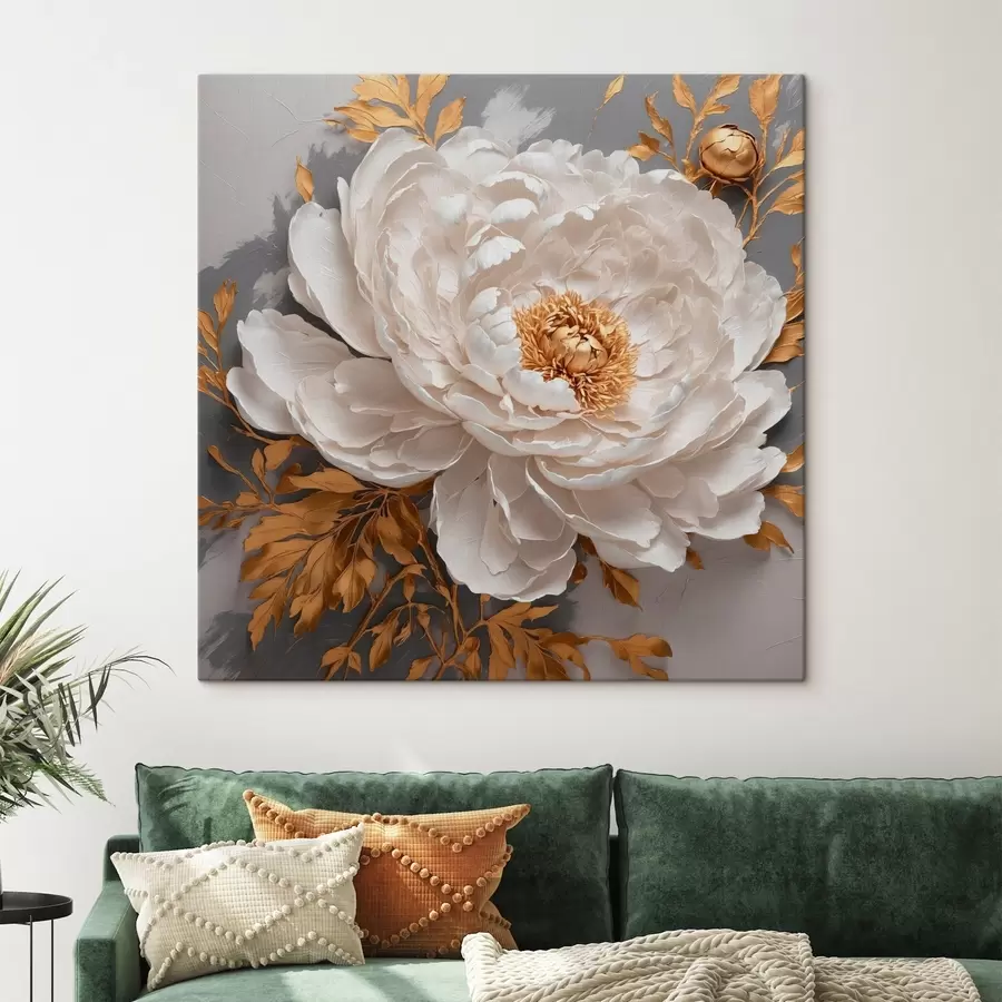 Wandbilder Weiße Pfingstrose auf grauem Hintergrund s42260