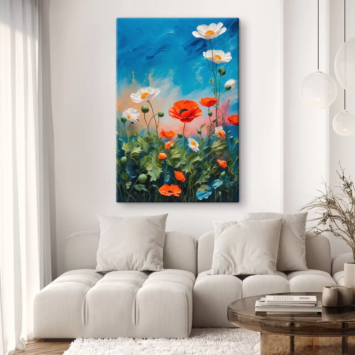 Wandbilder Gänseblümchen und Mohnblumen auf blauem Hintergrund s42261