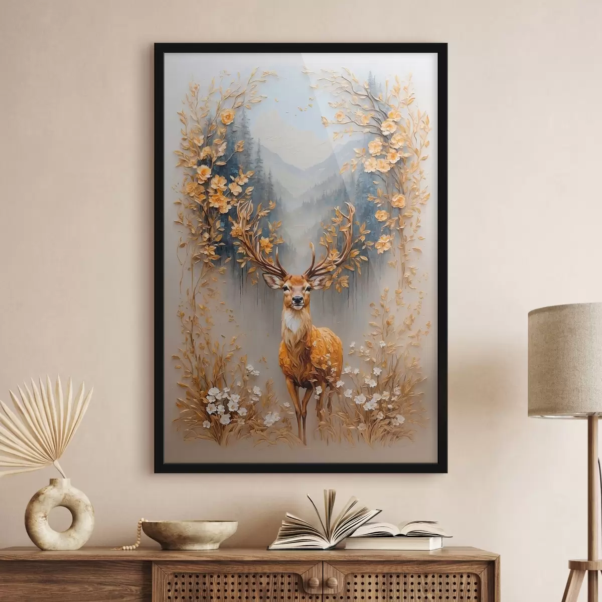 Poster Hirsch mit großem Geweih auf Waldhintergrund f42252