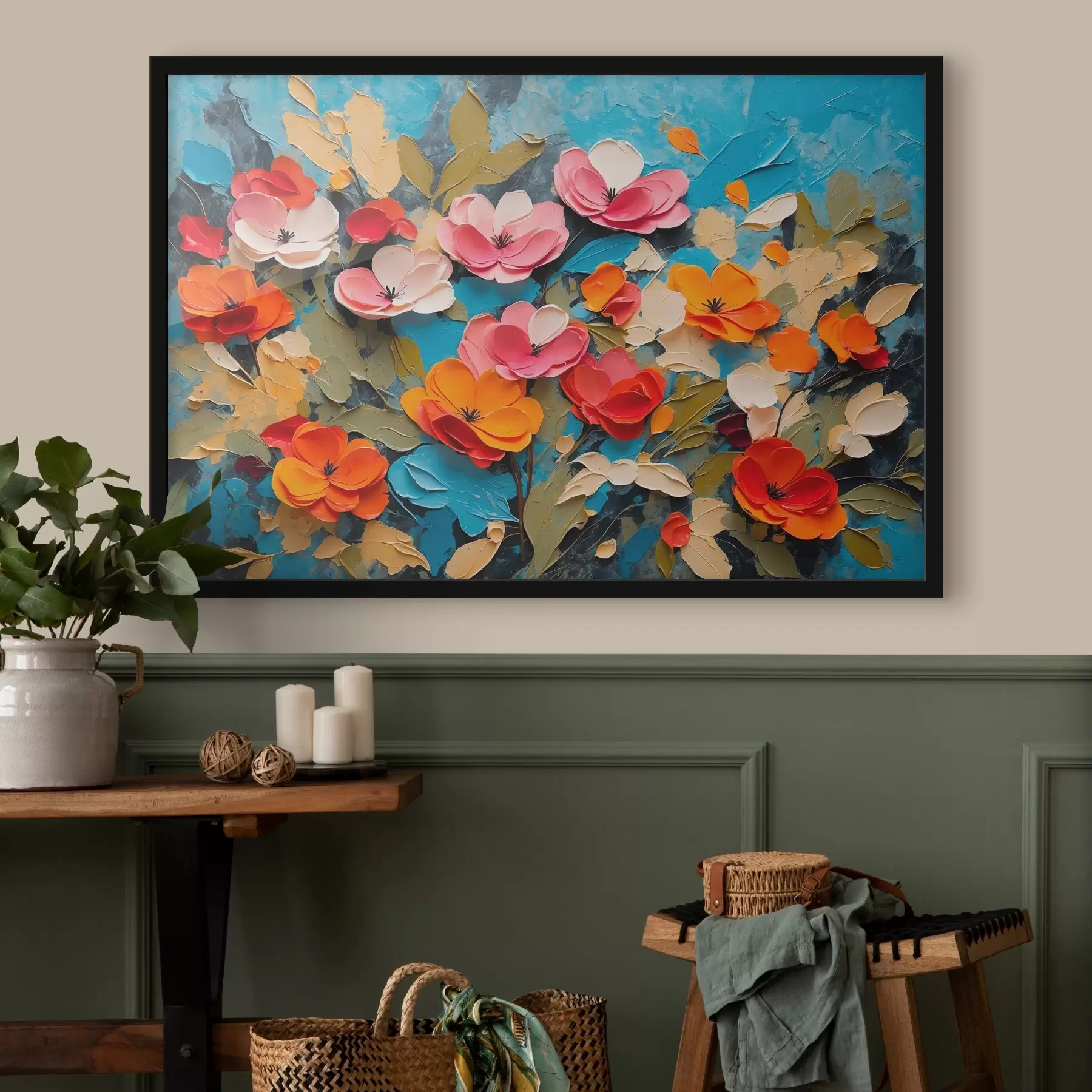 Fototapete Blumen und Blätter auf blauem Hintergrund f42255