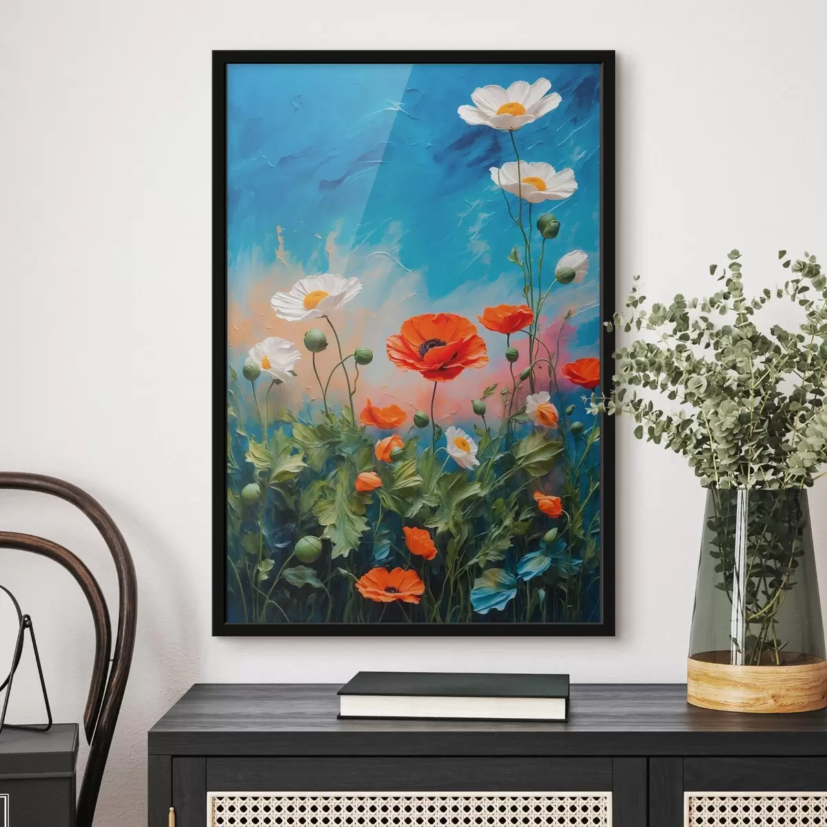 Poster Gänseblümchen und Mohnblumen auf blauem Hintergrund f42261