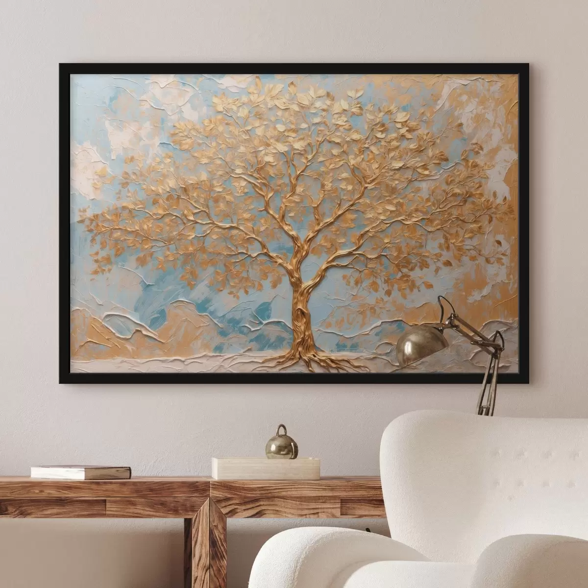 Poster Gelber Baum auf blau-weißem Hintergrund f42266