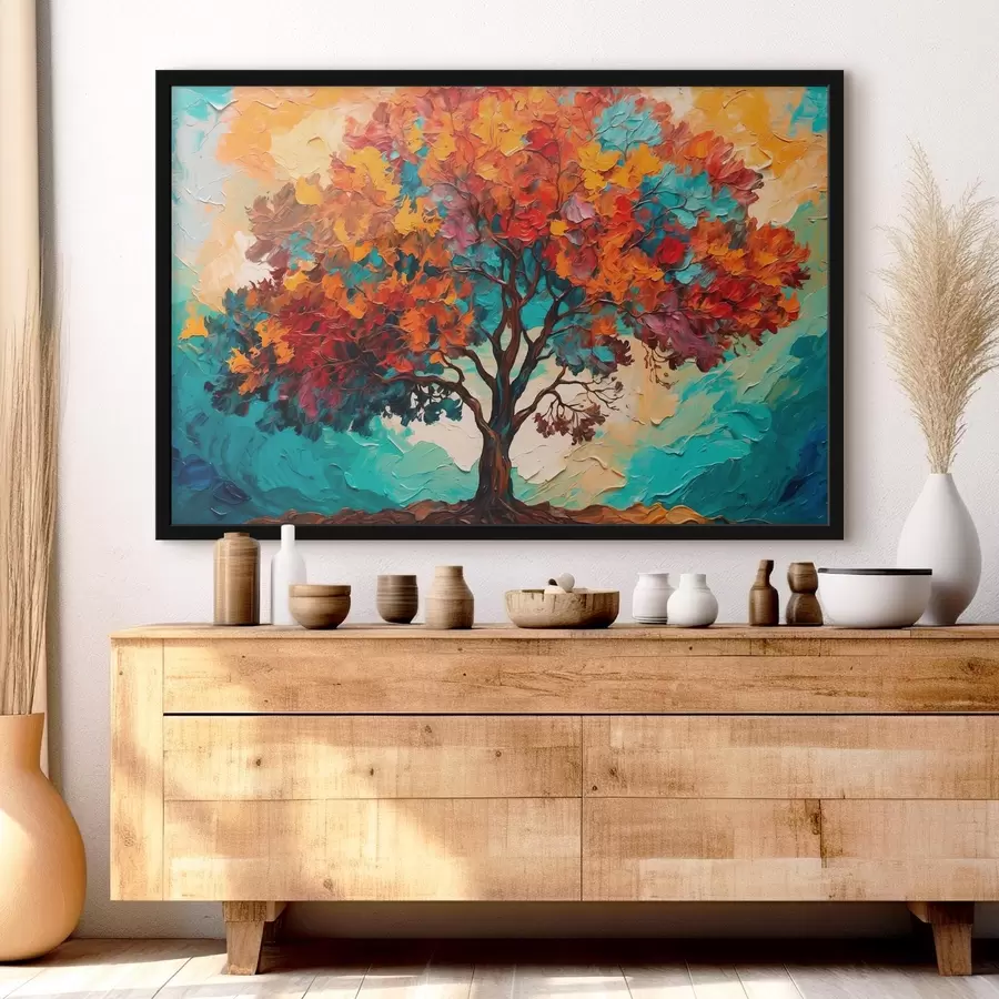 Fototapete Baum auf orange-blauem Hintergrund im Stil der Ölmalerei f42267