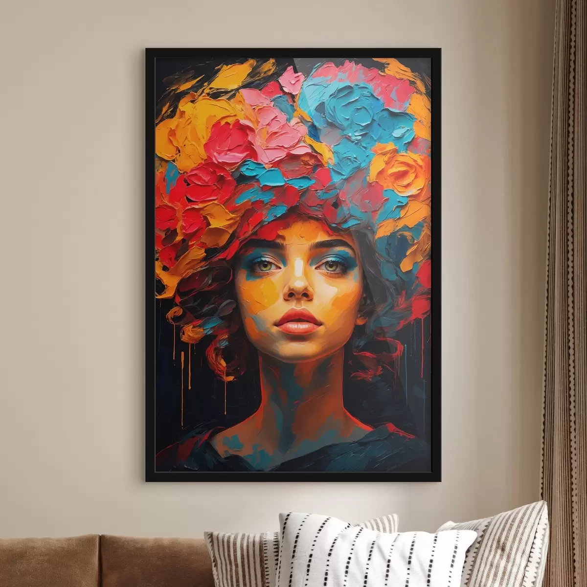 Poster Mädchen mit Blumen auf dem Kopf im Stil der Ölmalerei f42271
