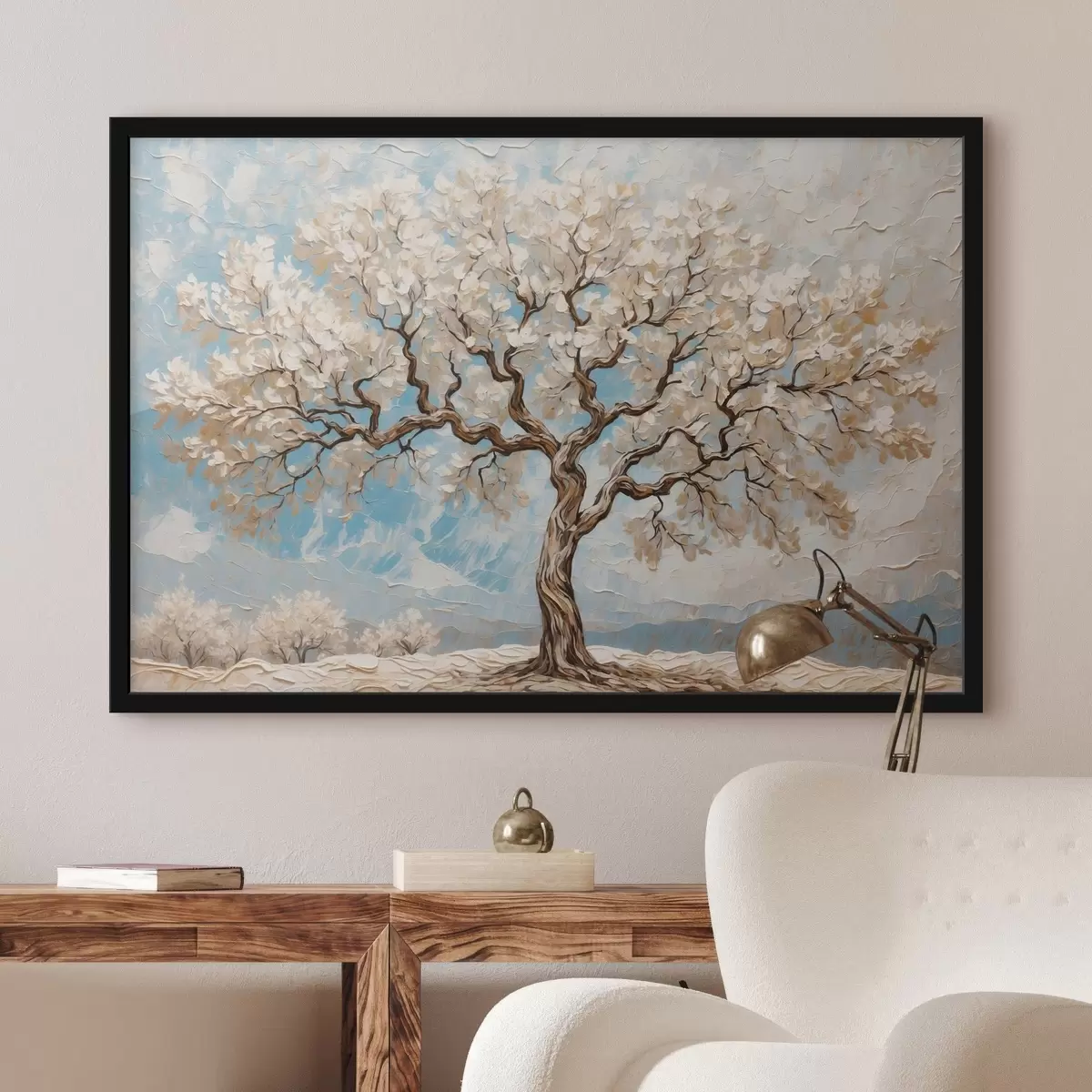 Poster Weißer Baum auf blau-weißem Hintergrund f42275