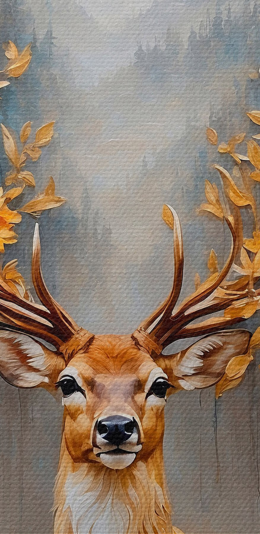 Wandbild Hirsch & Reh Im Wald – Handgemachtes Leinwandbild, Gerahmt, 100x100 Cm, Orange Akzente