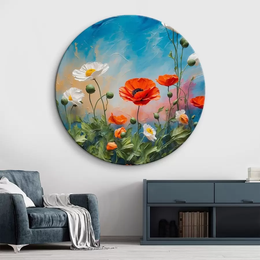 Wandbilder Gänseblümchen und Mohnblumen auf blauem Hintergrund r42261