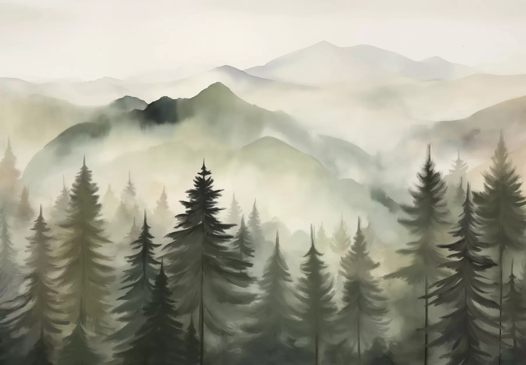 Fototapete Berglandschaft mit einem Wald von Kiefern und geschichteten Berge während der Morgendämmerung mit leichten Nebel Aquarell Nachahmung Kunst w08639