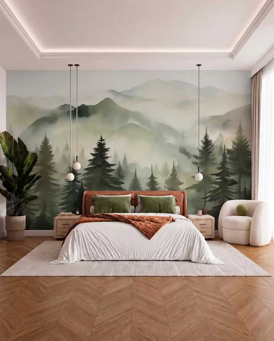 Fototapete Berglandschaft mit einem Wald von Kiefern und geschichteten Berge während der Morgendämmerung mit leichten Nebel Aquarell Nachahmung Kunst w08639