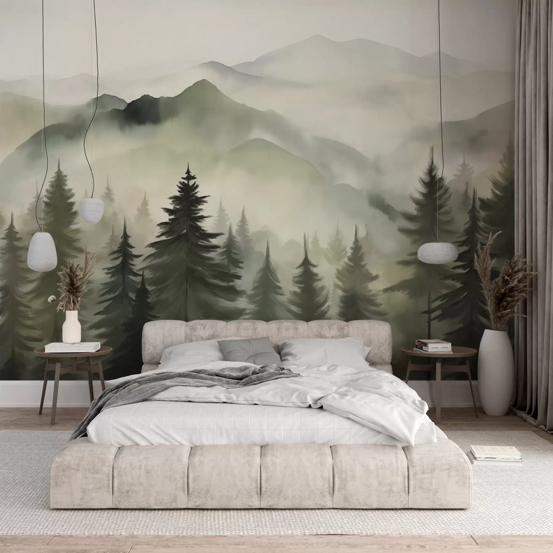 Fototapete Berglandschaft mit einem Wald von Kiefern und geschichteten Berge während der Morgendämmerung mit leichten Nebel Aquarell Nachahmung Kunst w08639