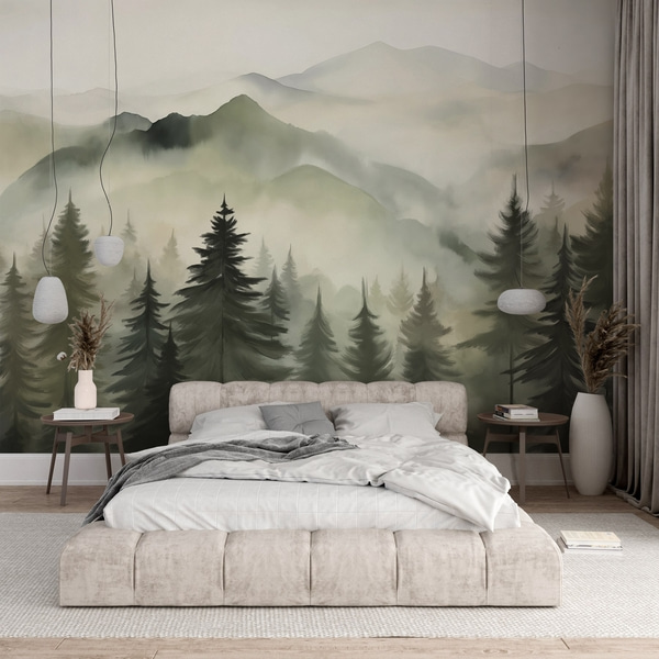 Fototapeten Berglandschaft mit einem Wald von Kiefern und geschichteten Berge während der Morgendämmerung mit, Fototapeten Natur, w08639 : Uwalls.at