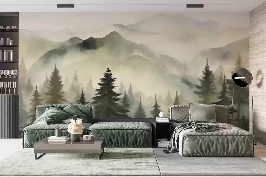Fototapete Berglandschaft mit einem Wald von Kiefern und geschichteten Berge während der Morgendämmerung mit leichten Nebel Aquarell Nachahmung Kunst w08639