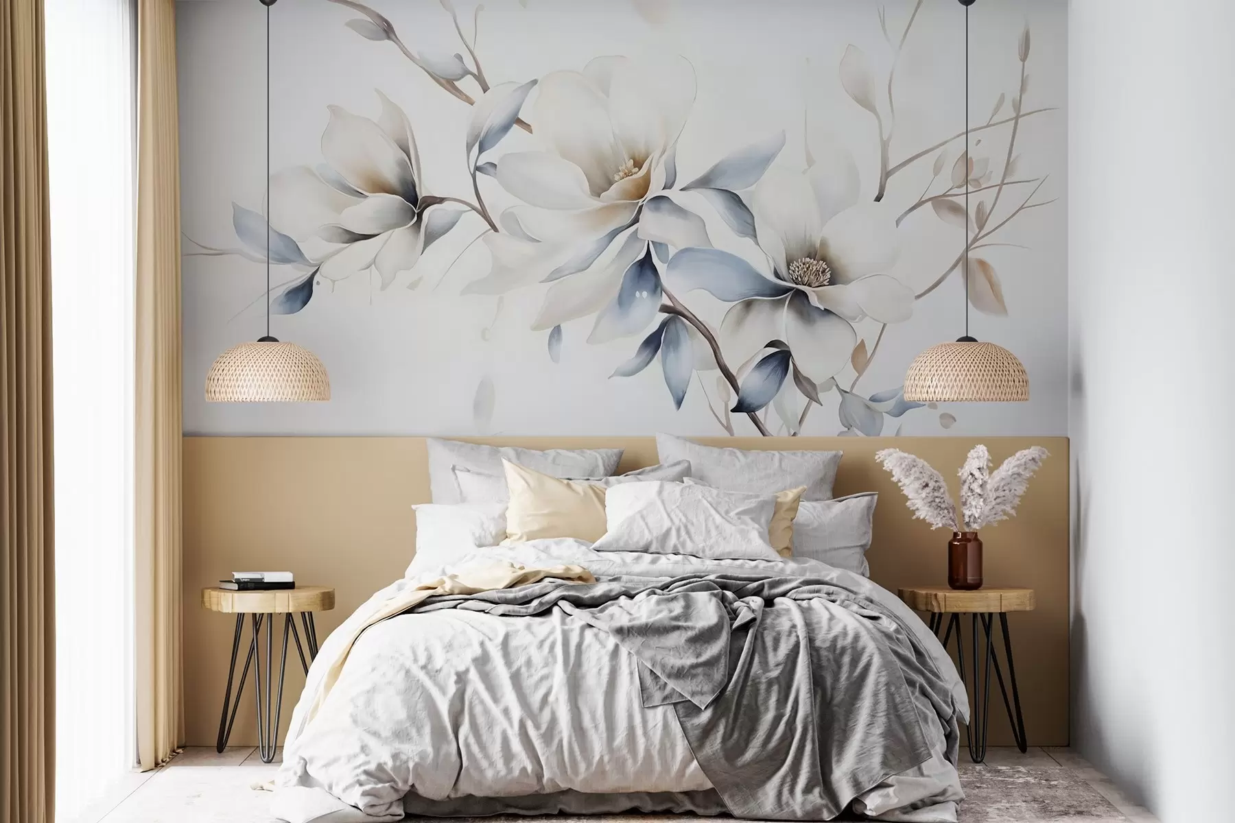 Fototapete Zarte weiße Magnolienblüten mit weichen blauen Blütenblättern vor einem hellen Hintergrund Aquarell Nachahmung Minimalismus w08644
