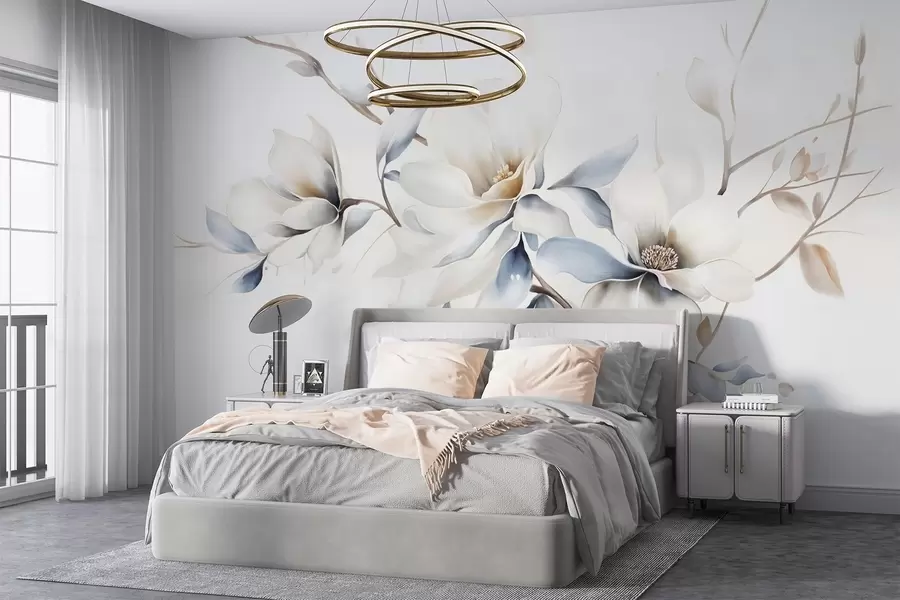 Fototapete Zarte weiße Magnolienblüten mit weichen blauen Blütenblättern vor einem hellen Hintergrund Aquarell Nachahmung Minimalismus w08644