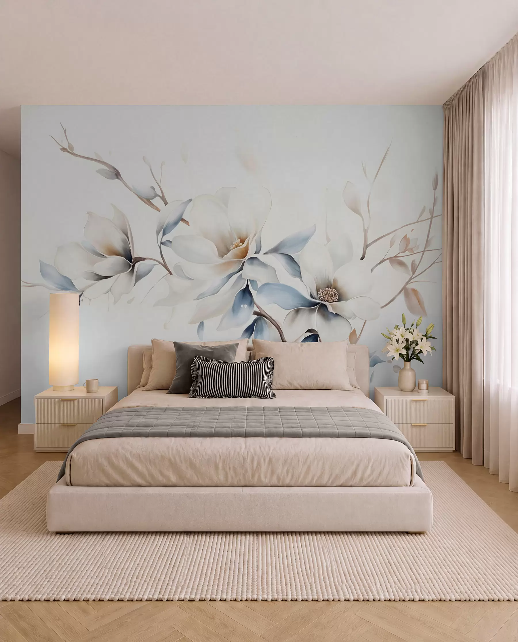 Fototapete Magnolie in Blau und Creme w08644