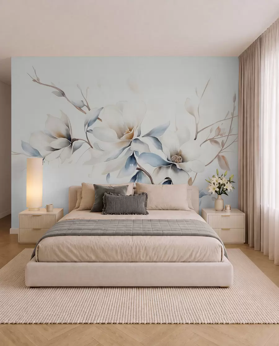 Fototapete Zarte weiße Magnolienblüten mit weichen blauen Blütenblättern vor einem hellen Hintergrund Aquarell Nachahmung Minimalismus w08644