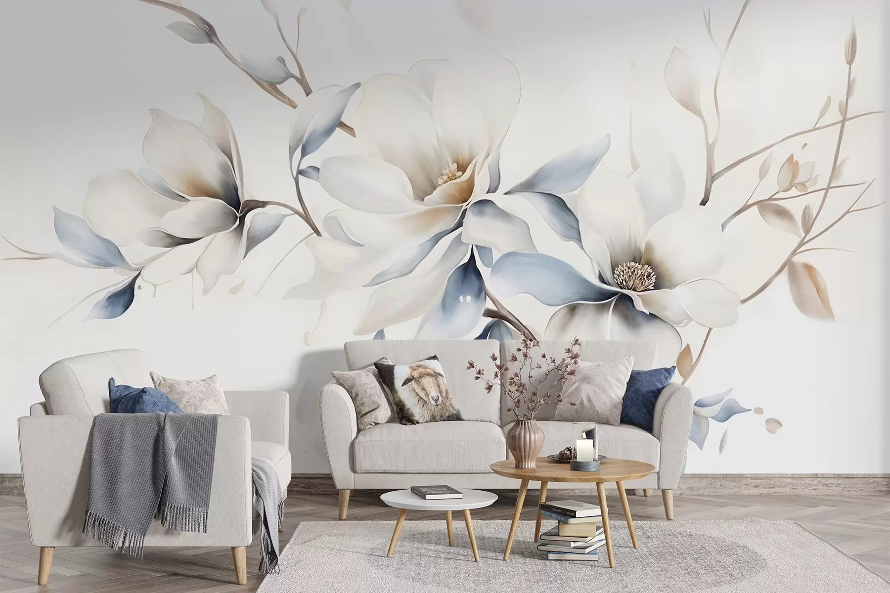 Fototapete Zarte weiße Magnolienblüten mit weichen blauen Blütenblättern vor einem hellen Hintergrund Aquarell Nachahmung Minimalismus w08644