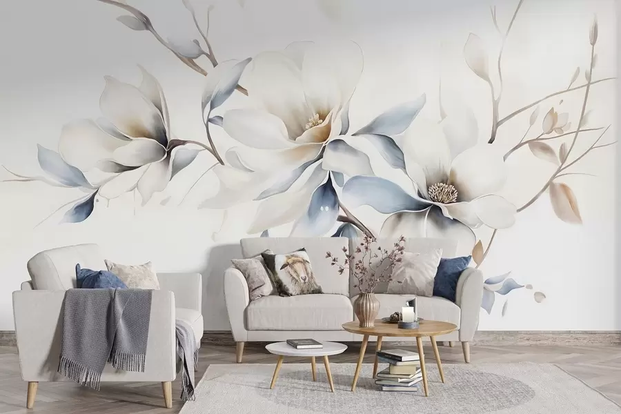 Fototapete Zarte weiße Magnolienblüten mit weichen blauen Blütenblättern vor einem hellen Hintergrund Aquarell Nachahmung Minimalismus w08644
