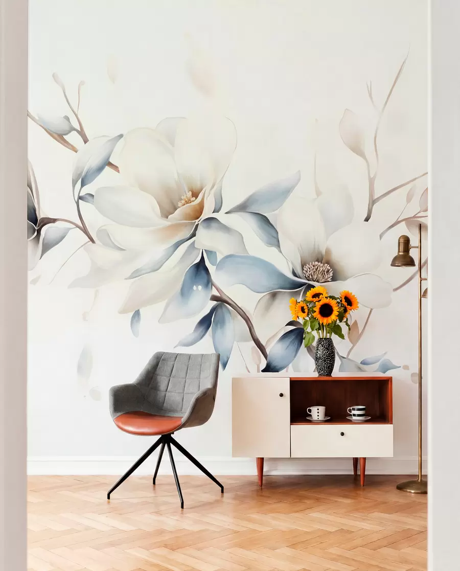 Fototapete Zarte weiße Magnolienblüten mit weichen blauen Blütenblättern vor einem hellen Hintergrund Aquarell Nachahmung Minimalismus w08644