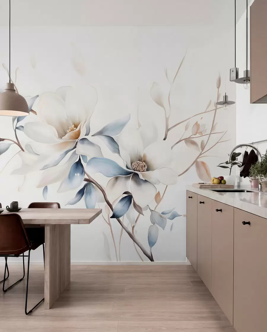 Fototapete Zarte weiße Magnolienblüten mit weichen blauen Blütenblättern vor einem hellen Hintergrund Aquarell Nachahmung Minimalismus w08644