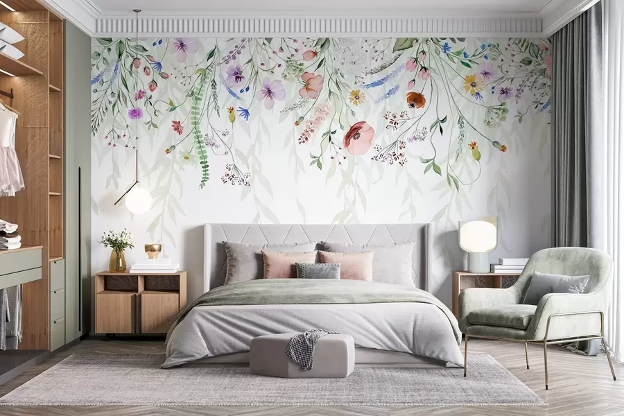 Fototapete Ein farbenfroher Blumendruck mit verschiedenen Blumen, Blättern und Pflanzen im Aquarellstil, der kaskadenförmig nach unten fällt w08646