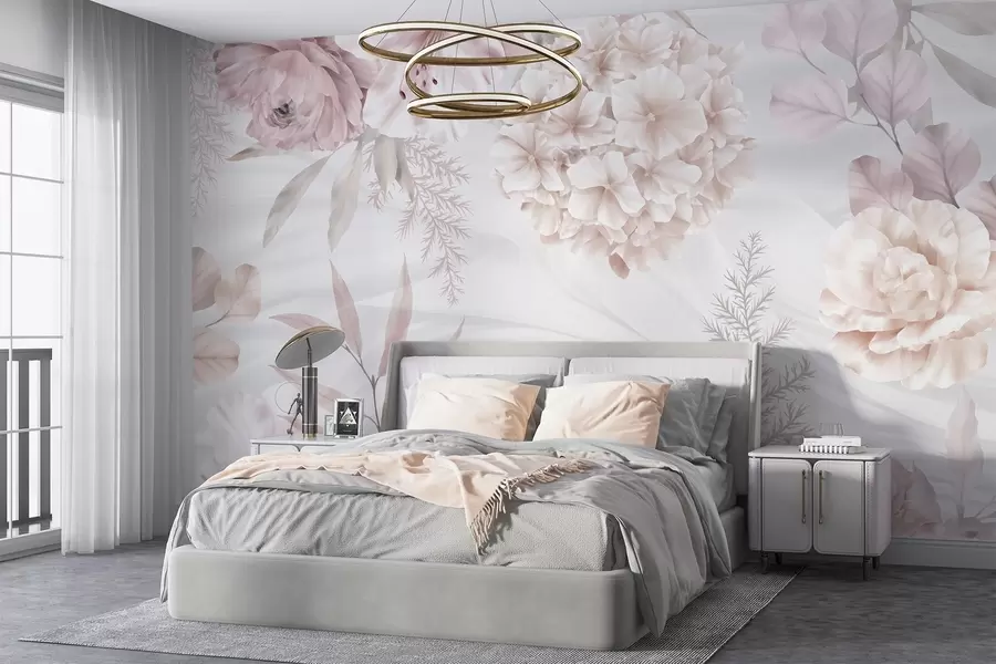 Fototapete Ein weicher, abstrakter Blumendruck mit großen rosa und weißen Blüten, zarten Blättern und einer gedämpften, pastellfarbenen Farbpalette w08651
