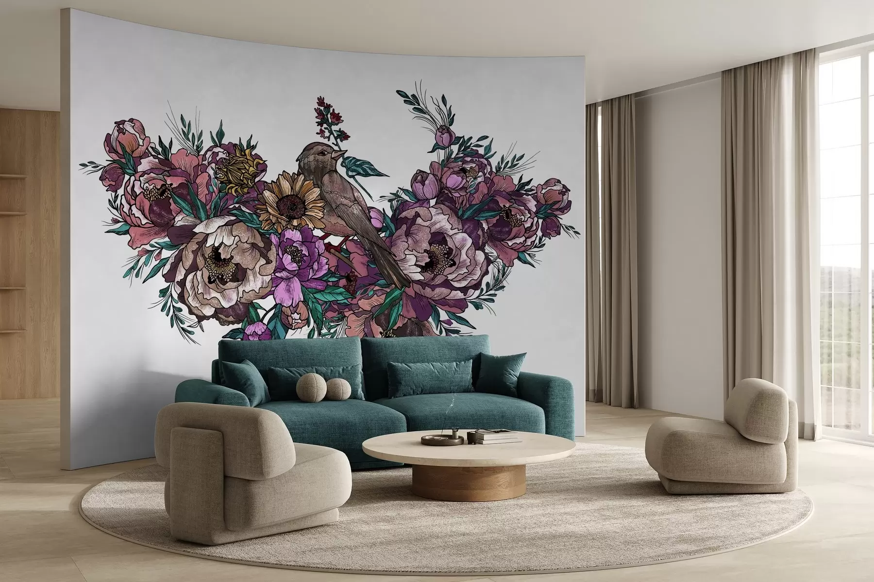 Fototapete Bunte Blumen und Vogel Illustration auf weiß w02833v2
