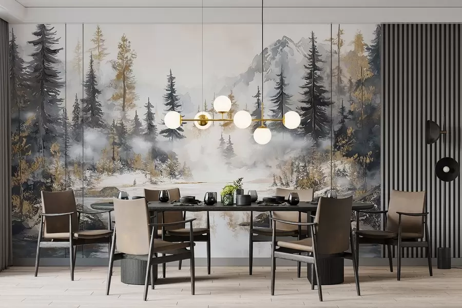 Fototapete Winterlandschaft mit See und Wald, Berge, Pastell Stil darwing w02741