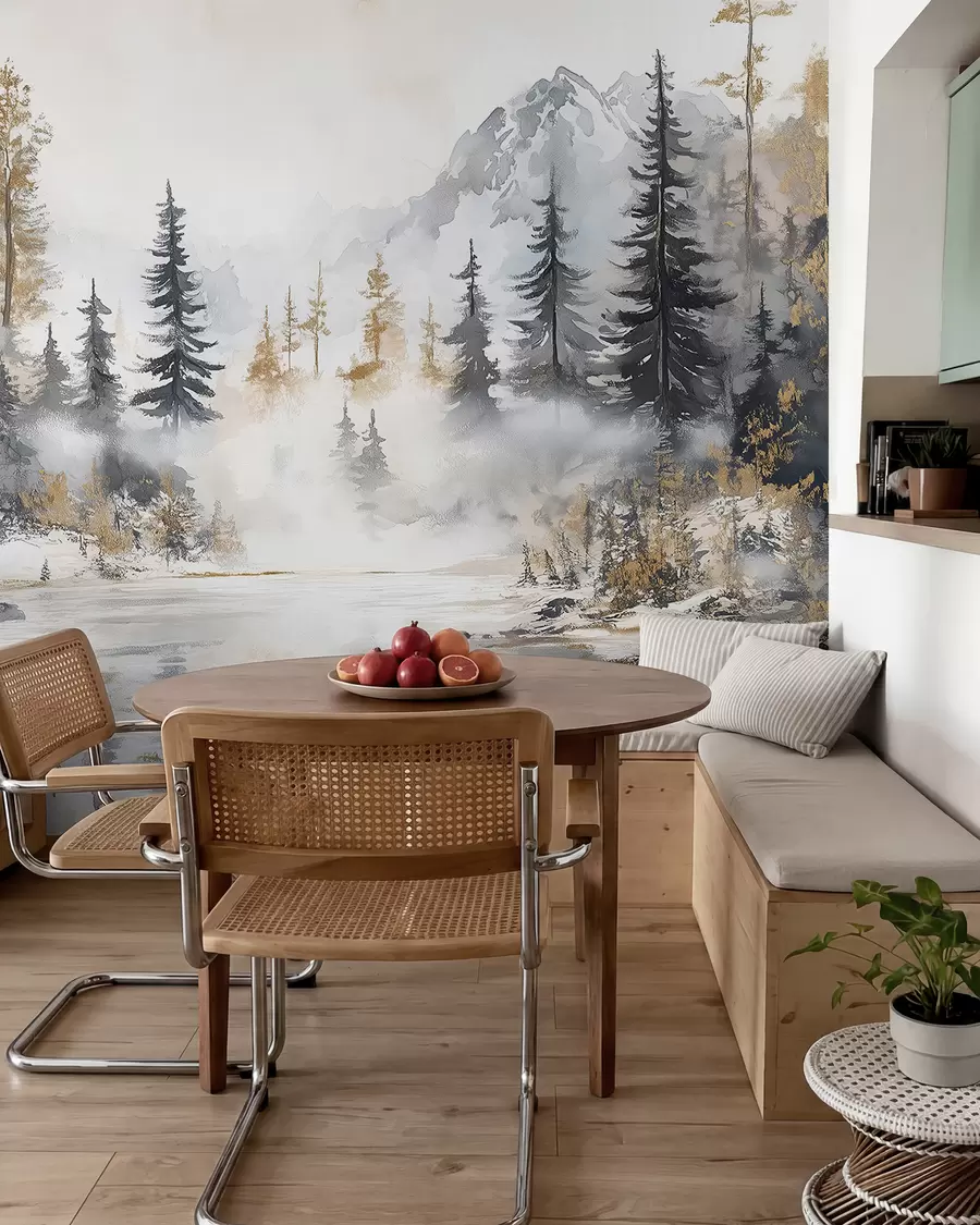 Fototapete Winterlandschaft mit See und Wald, Berge, Pastell Stil darwing w02741