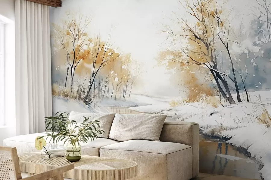 Fototapete Winterliche Flusslandschaft mit Wald, Zeichnung im Aquarellstil w02743
