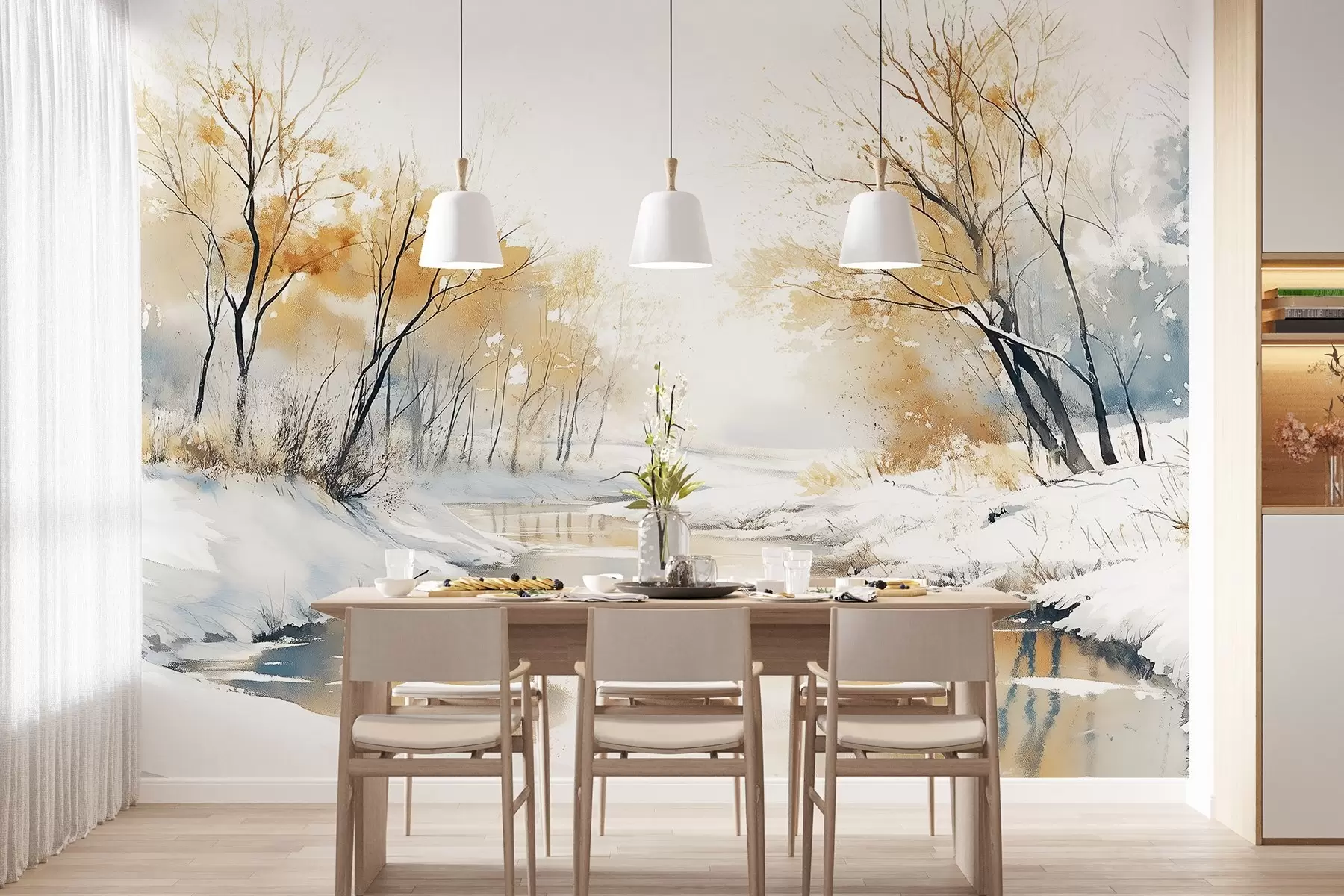 Fototapete Winterliche Flusslandschaft mit Wald, Zeichnung im Aquarellstil w02743