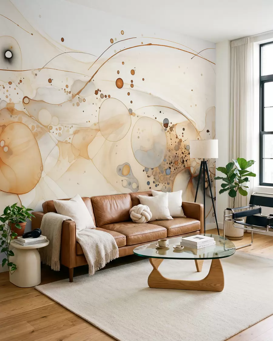 Fototapete Abstrakte Tuschezeichnungen, fließender Stil, beige Farbpalette w02744