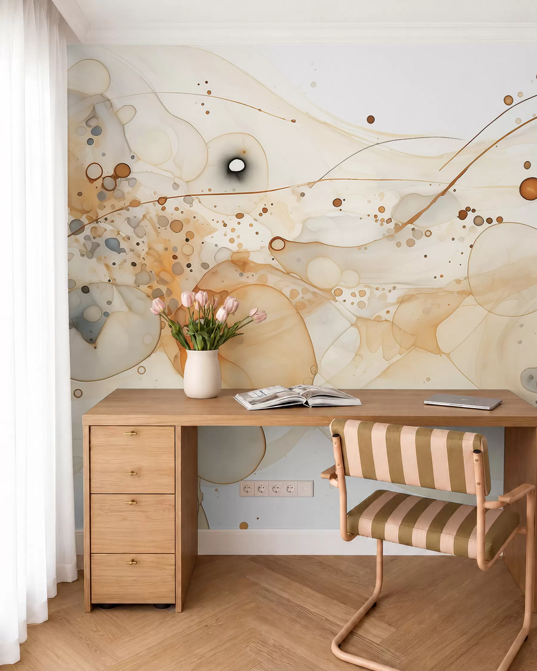 Fototapete Abstrakte Tuschezeichnungen, fließender Stil, beige Farbpalette w02744