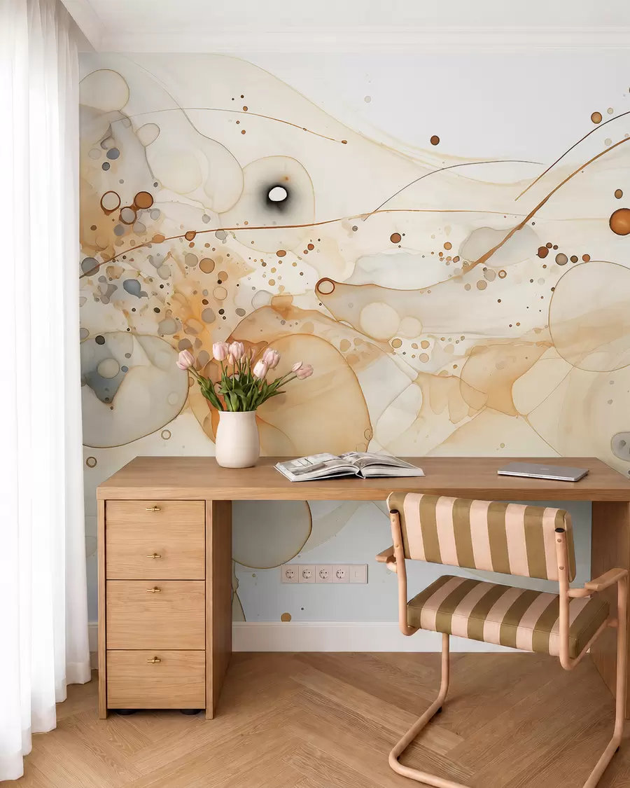 Fototapete Abstrakte Tuschezeichnungen, fließender Stil, beige Farbpalette w02744