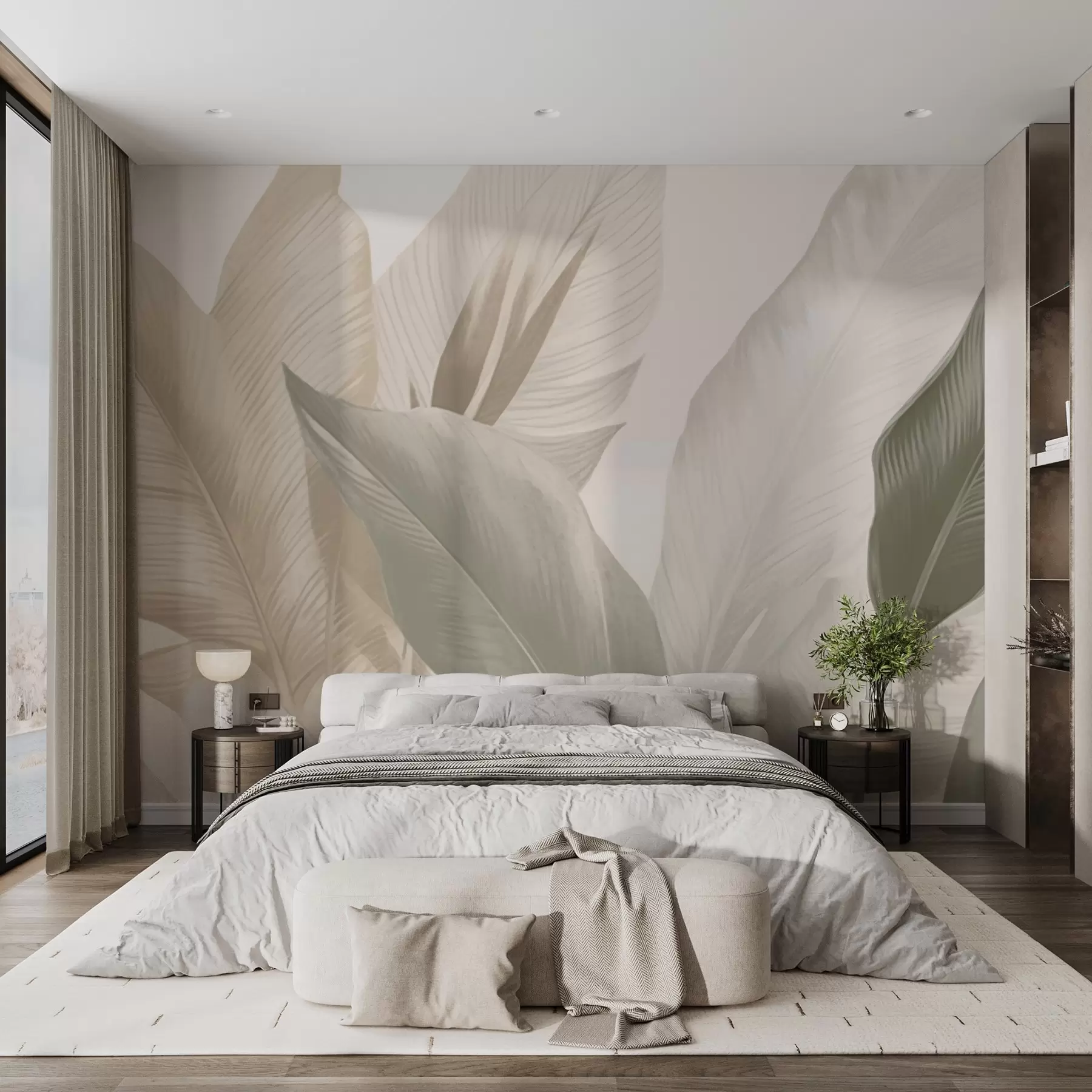 Fototapete Tropische Blätter in sanften Beige- und Grüntönen, mit Aquarell-Effekt und sanften Farbübergängen w02854