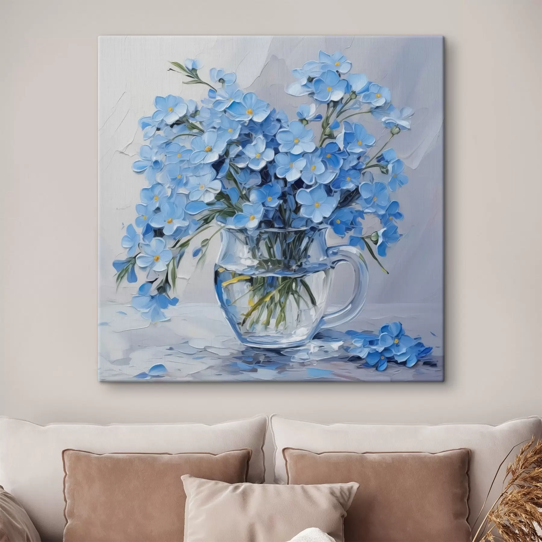 Wandbilder Blaue Blumen in einer transparenten Vase Nachahmung der Malerei s42467