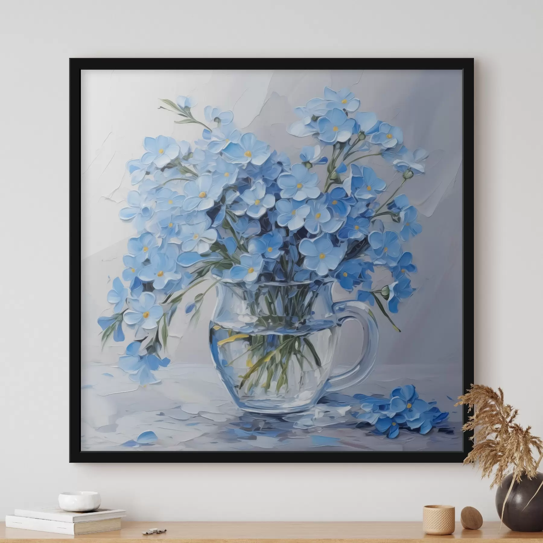 Fototapete Blaue Blumen in einer transparenten Vase Nachahmung der Malerei f42467
