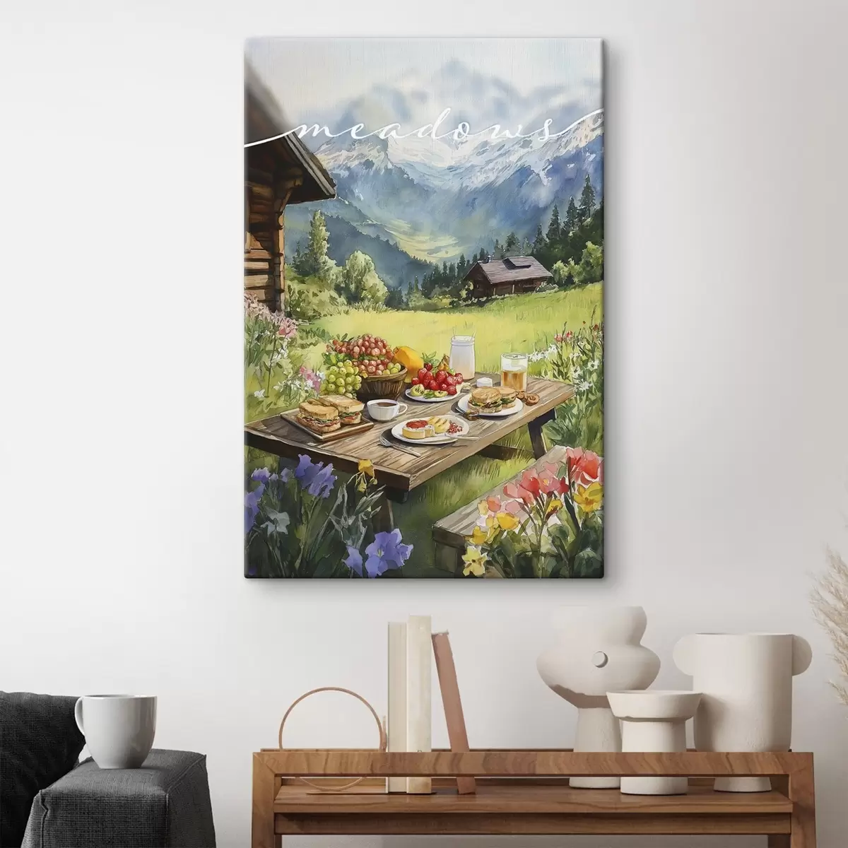 Wandbilder Berglandschaften, Sommerwiese, Holzhäuser, Frühstück s42425