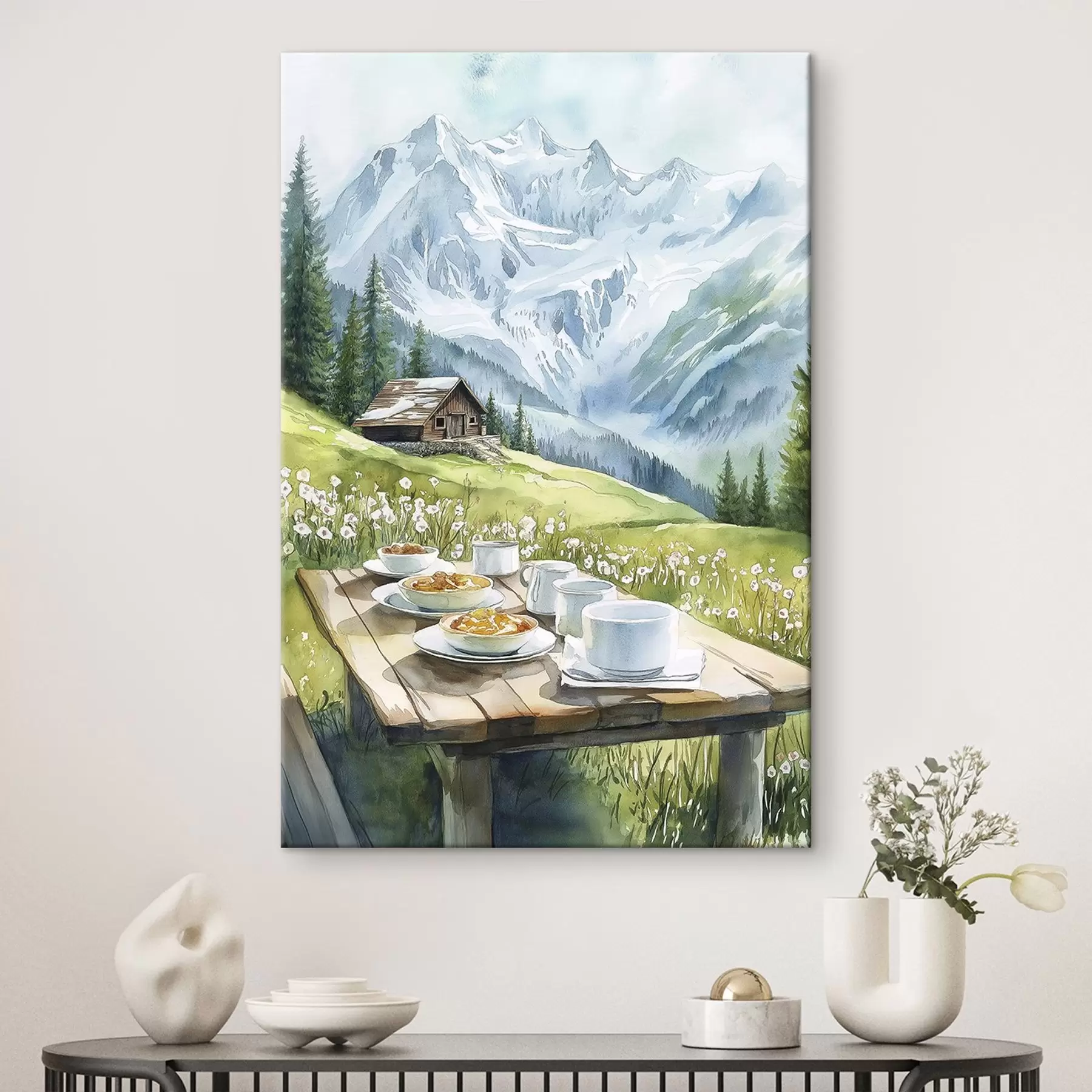 Wandbilder Frühstück in den Alpen, Berge, Wald, Natur, Sommer, Aquarellstil s42426