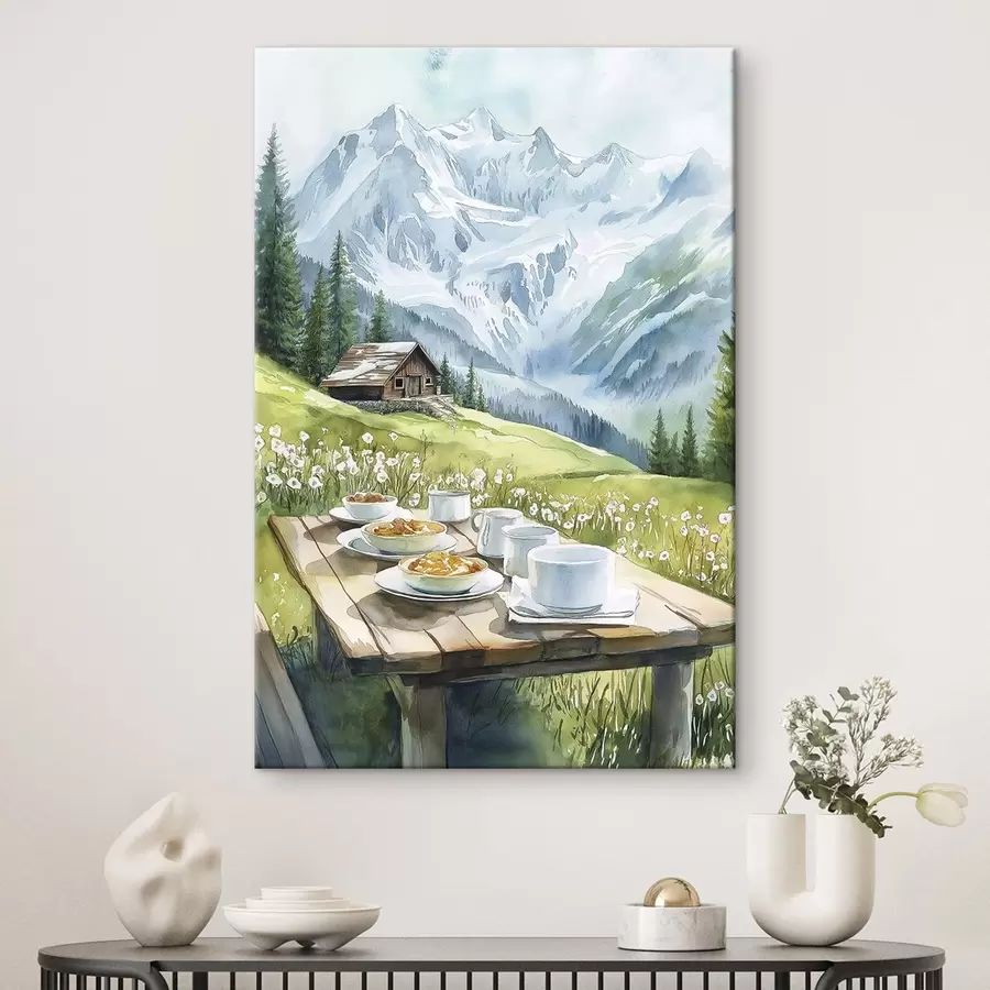 Wandbilder Frühstück in den Alpen, Berge, Wald, Natur, Sommer, Aquarellstil s42426