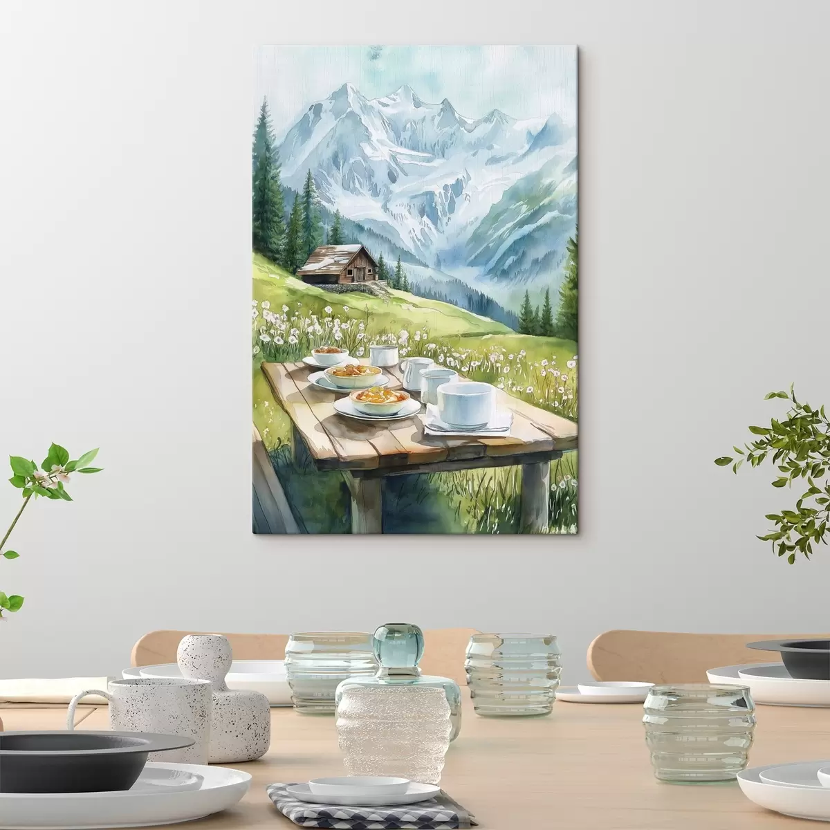 Wandbilder Frühstück in den Alpen, Berge, Wald, Natur, Sommer, Aquarellstil s42426