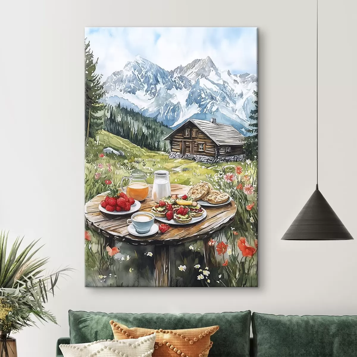 Wandbilder Schöne Sommerlandschaften mit Bergen, Wald und Blumen, Frühstück, Aquarellstil s42427