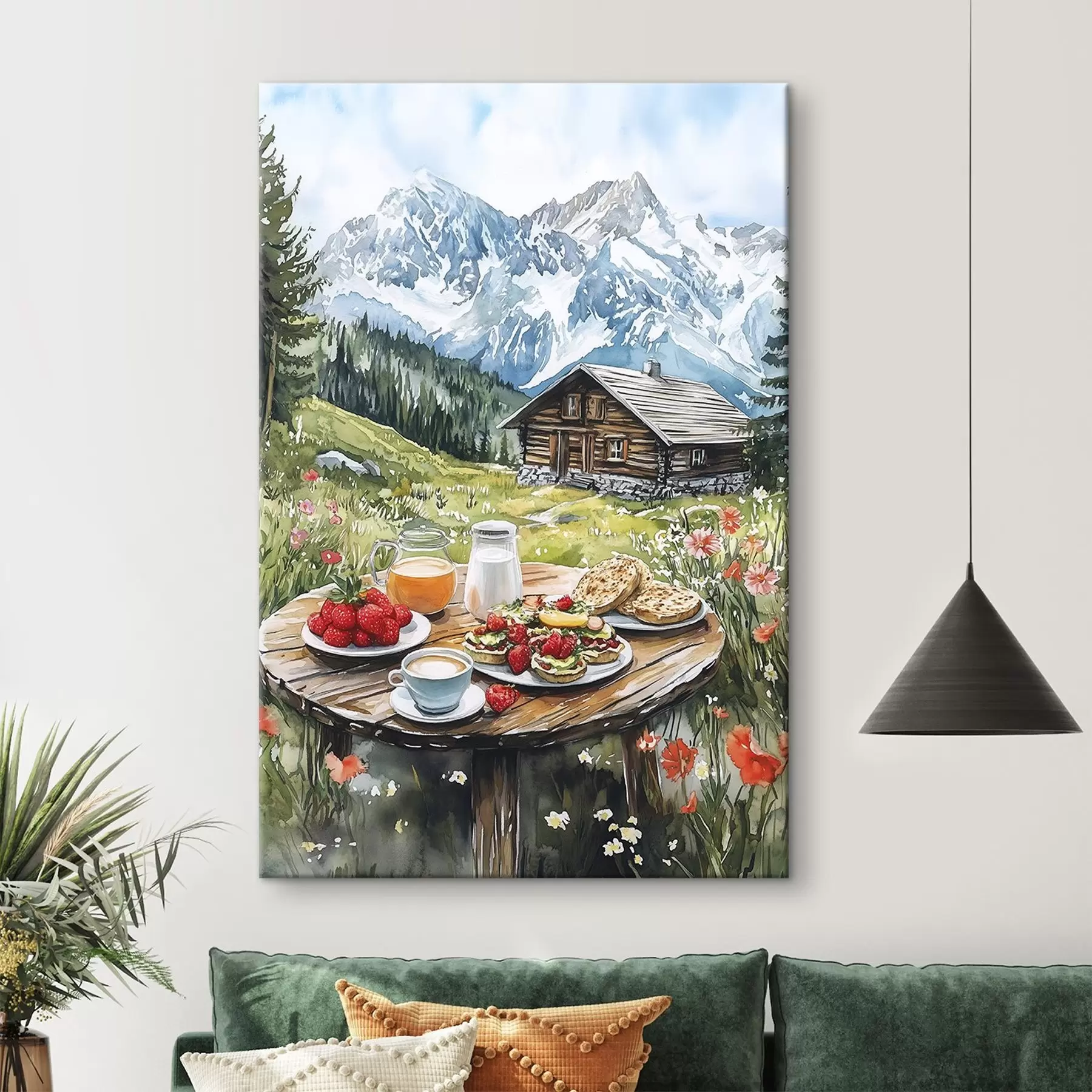 Wandbilder Schöne Sommerlandschaften mit Bergen, Wald und Blumen, Frühstück, Aquarellstil s42427