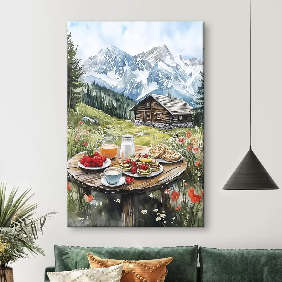 Wandbilder Schöne Sommerlandschaften mit Bergen, Wald und Blumen, Frühstück, Aquarellstil s42427