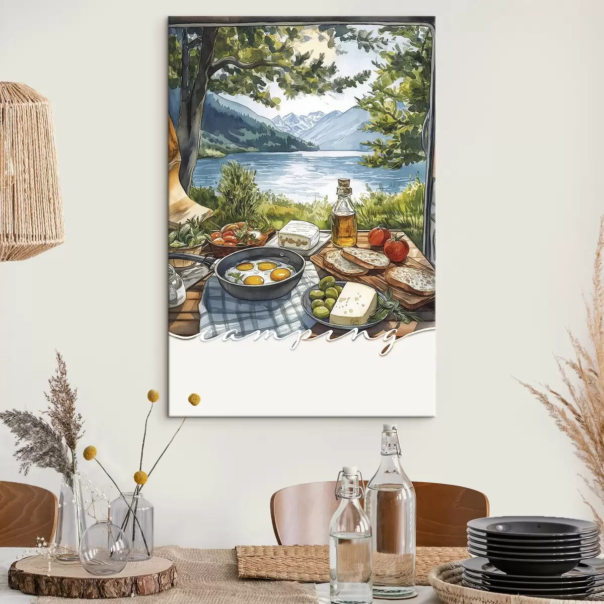 Wandbilder Camping-Ästhetik, Aquarell-Stil, Sommer-See, Natur, Essen s42428