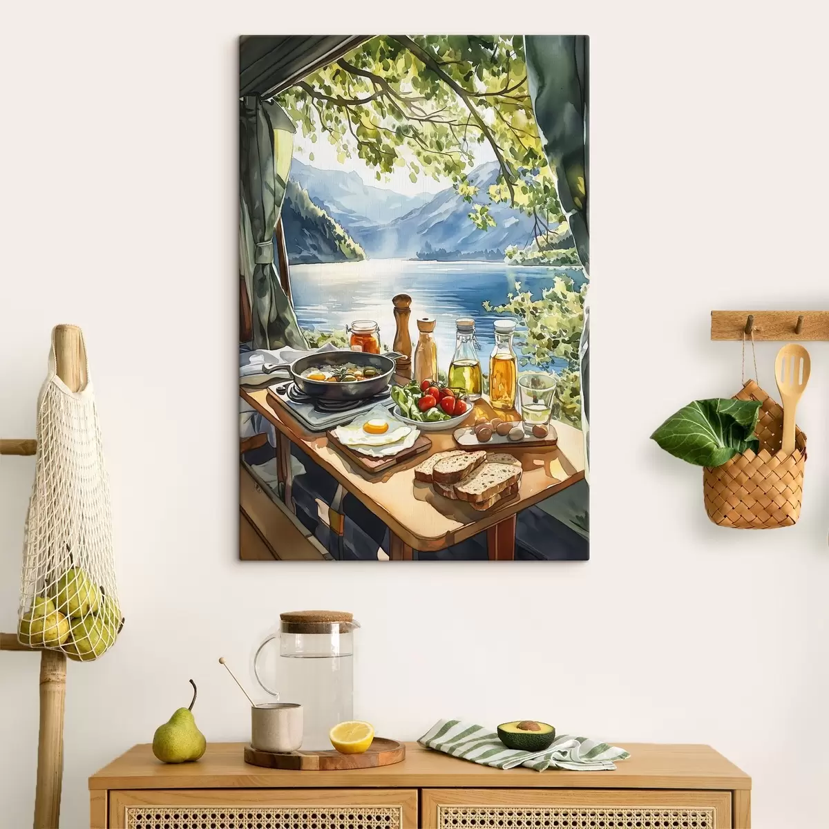 Wandbilder Schöner Sommermorgen, See, Aquarellstil, Frühstück, Reisen s42433