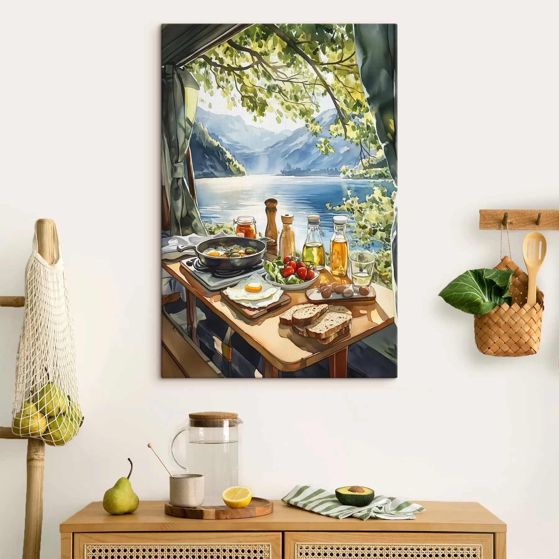 Fototapete Schöner Sommermorgen, See, Aquarellstil, Frühstück, Reisen s42433