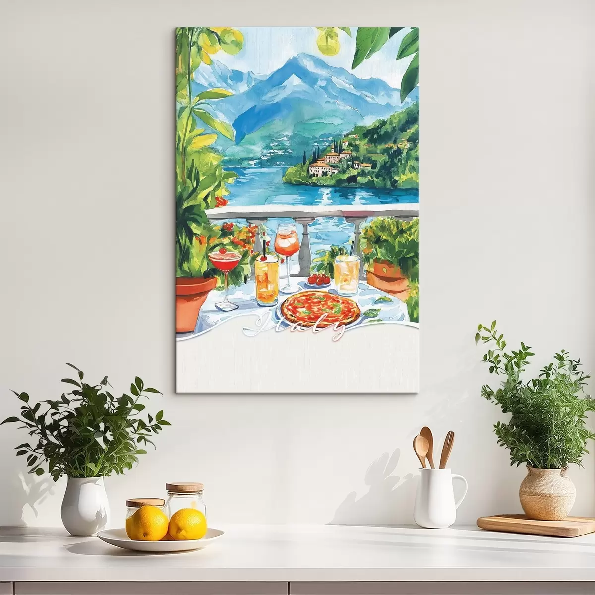 Wandbilder Italien Ästhetik, Aquarellstil, Pizza und Cocktails, Berge s42434