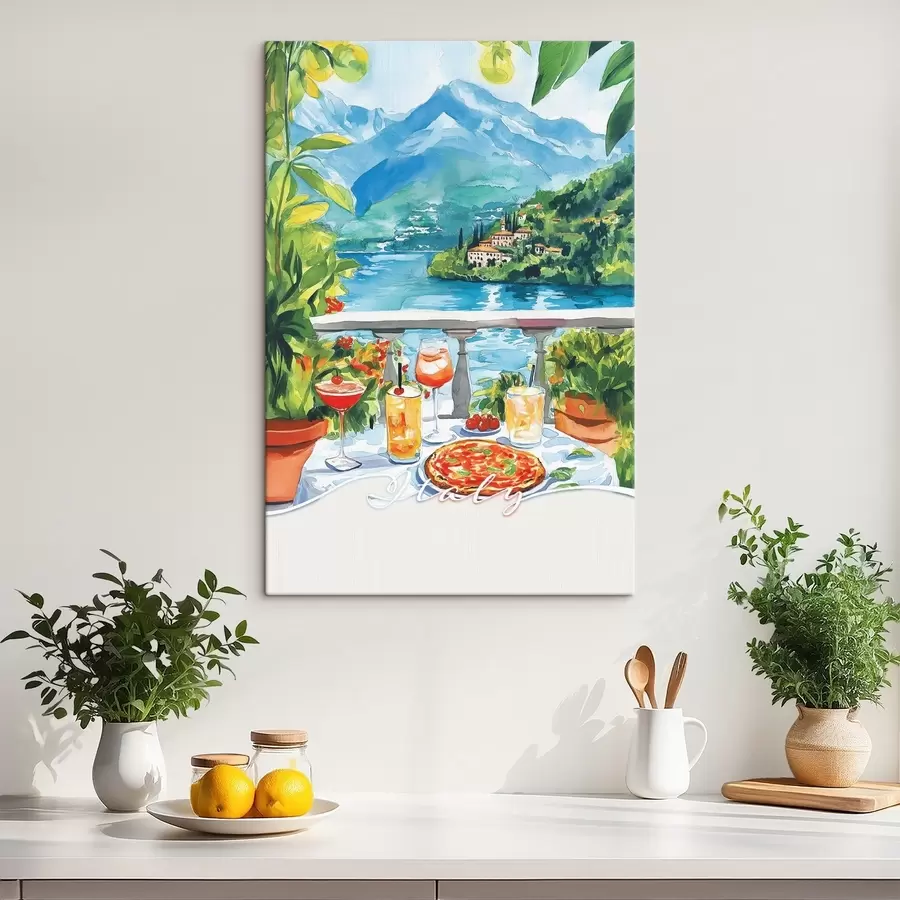Wandbilder Italien Ästhetik, Aquarellstil, Pizza und Cocktails, Berge s42434
